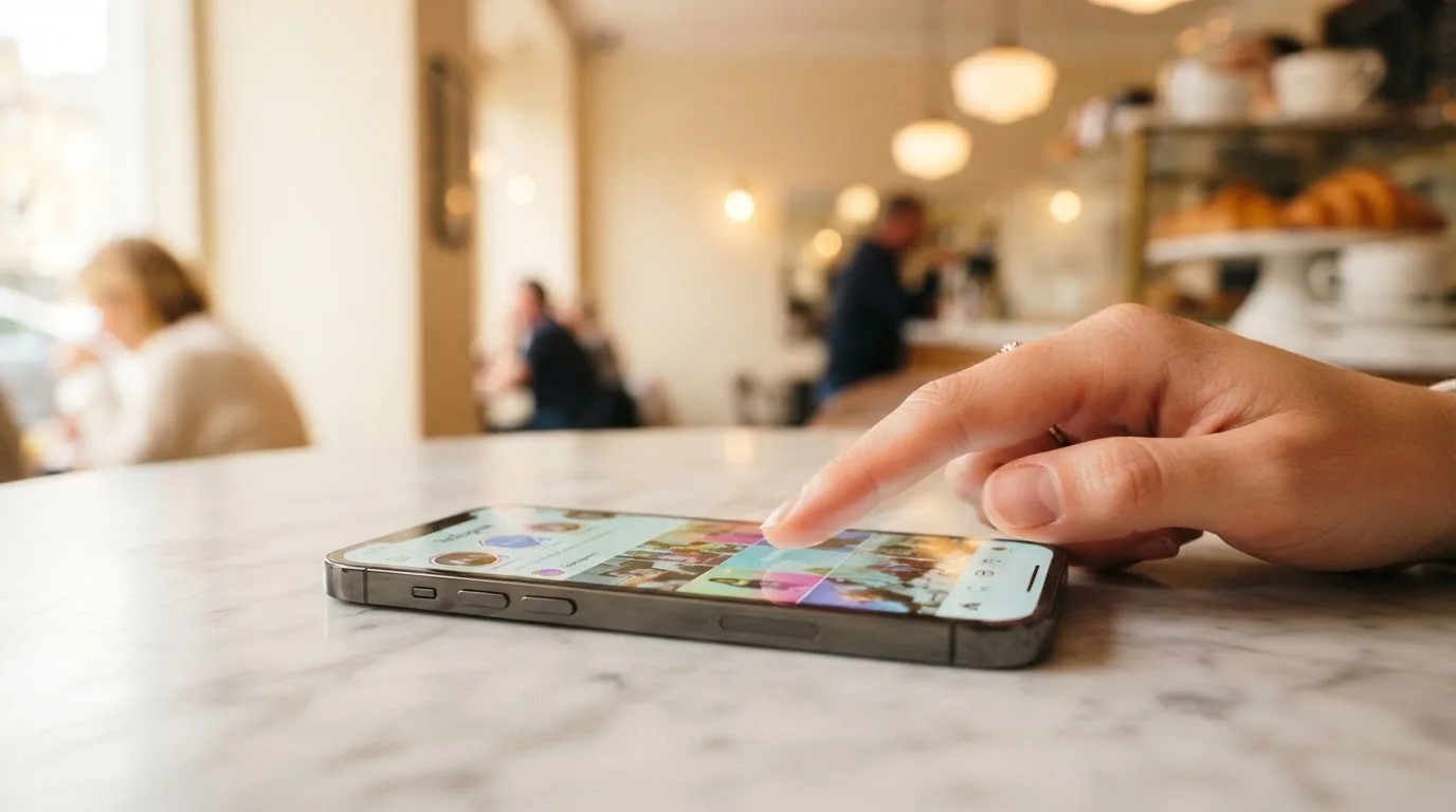 Deget care atinge ecranul unui telefon și glisează spre dreapta, într-o cafenea luminoasă, cu fundalul estompat.