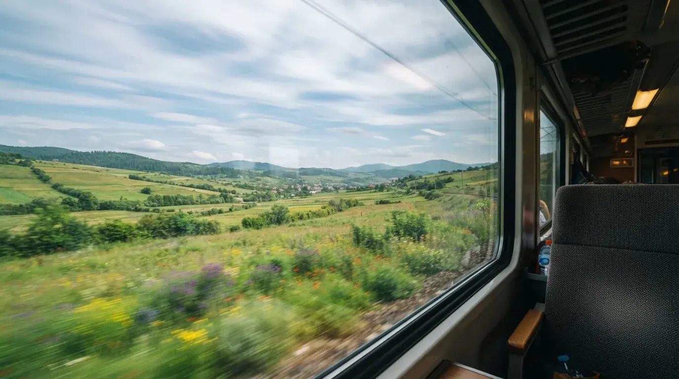 Panoramă a peisajului de la fereastra unui tren în mers, cu câmpuri verzi și dealuri la orizont.