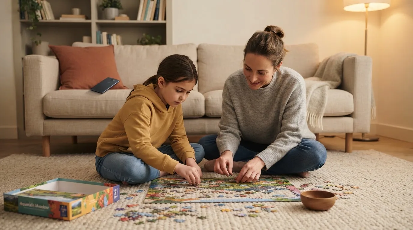 Familie care se joacă pe covor cu un puzzle mare, lângă un telefon lăsat cu ecranul în jos pe o canapea.