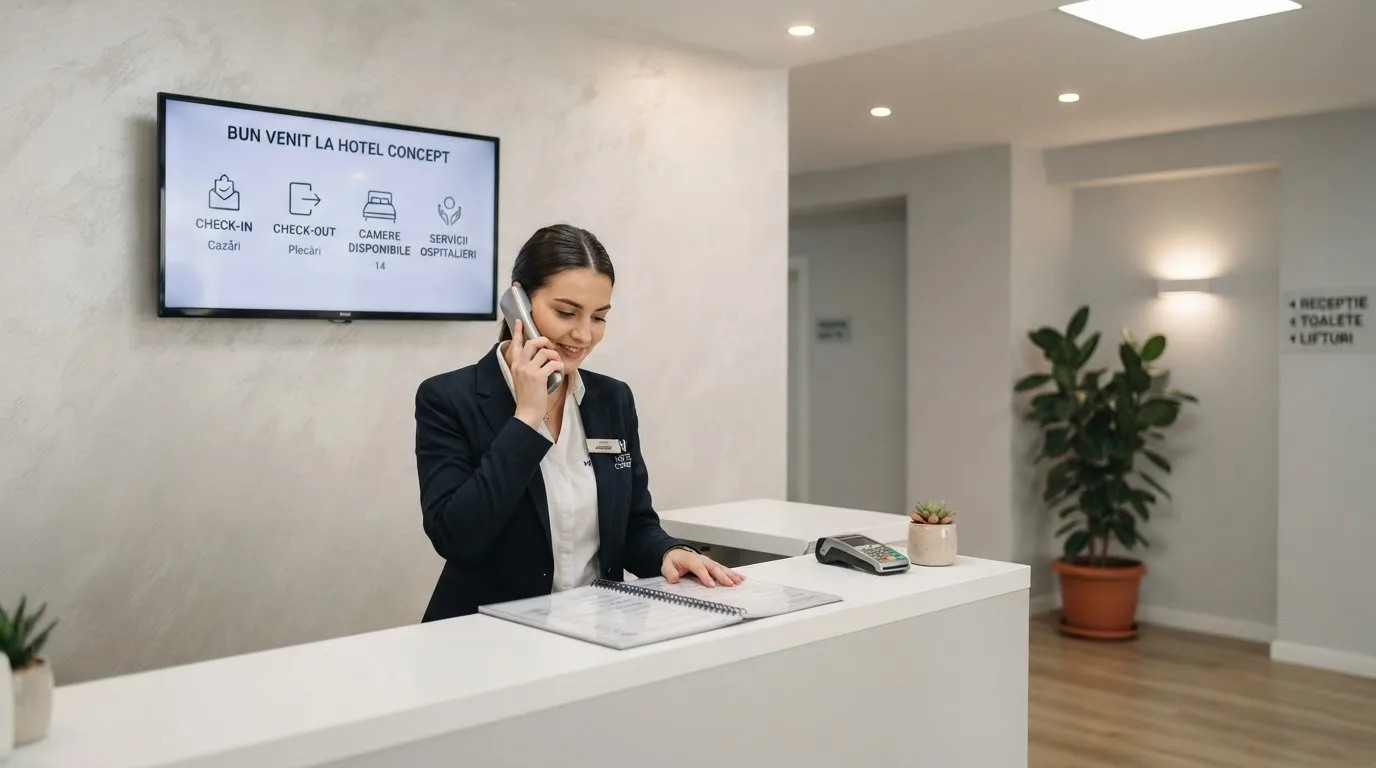 Birou de recepție într-un hol modern, cu un monitor discret pe un perete și o funcționară care răspunde la telefon.